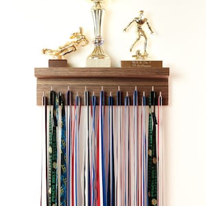 8 or 15 Hooks Cherry Walnut Cedar Wood Trophy Medal Ribbon Display Shelf Wall Holder Rack Hooks Awards Plaques for Sports Running and More