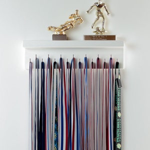 L Hooks  Wood Wall Holder with Shelf / Trophy Medal Ribbon Display Holder Rack Hooks Awards Plaques for Sports Running Danc