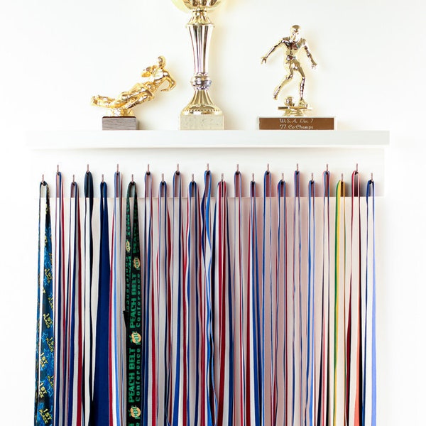 LARGE CUSTOM Medal Wall Holder Wide Top Shelf / Trophy Medal Ribbon Display Holder Rack Hooks Awards Plaques for Sports Running Danc