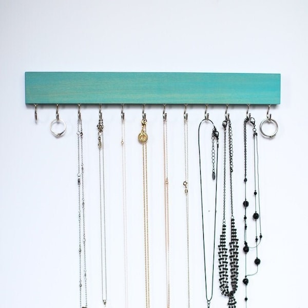 Colored Aqua/ Gray Handmade Wood Wall Jewelry Organizer / Necklace Holder Hooks Key Holder Hanging Stand Rustic