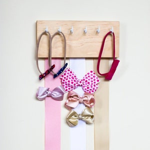 Wood Ribbon Bow Organizer & Headband Holder / Wood Poplar Plaque Hooks / Organizer Handmade / High Quality / Nursery Girls Room Decor image 1
