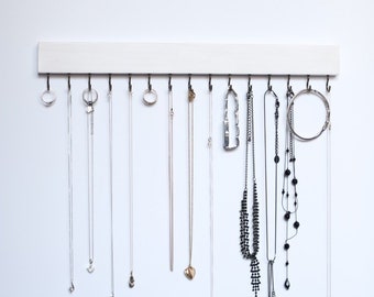 White Wood Wall Jewelry Organizer / Necklace Handmade Holder Hooks Key Holder Hanging Stand Rustic Decor / Best gift idea