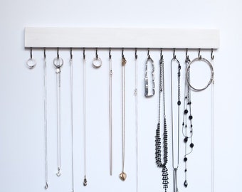 White Wood Wall Jewelry Organizer Necklace Handmade Holder Hooks