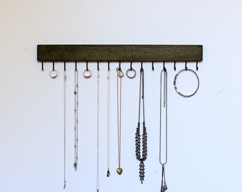 Modern Black Wood Wall Jewelry Organizer / Bracelet Ring Necklace Handmade Holder Hooks Key Holder Hanging Storage Stand Rustic Decor / Gift