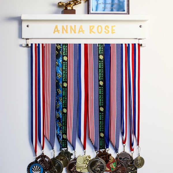 Award Medal Trophy  Wooden Display Rack Wall Holder w/ Shelf / Trophy Medal Ribbon Display Holder Rack Bar Awards Plaques Sports Custom Name