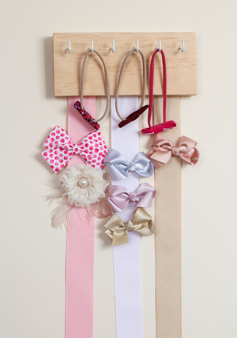 Wood Ribbon Bow Organizer & Headband Holder / Wood Poplar Plaque Hooks / Organizer Handmade / High Quality / Nursery Girls Room Decor image 3