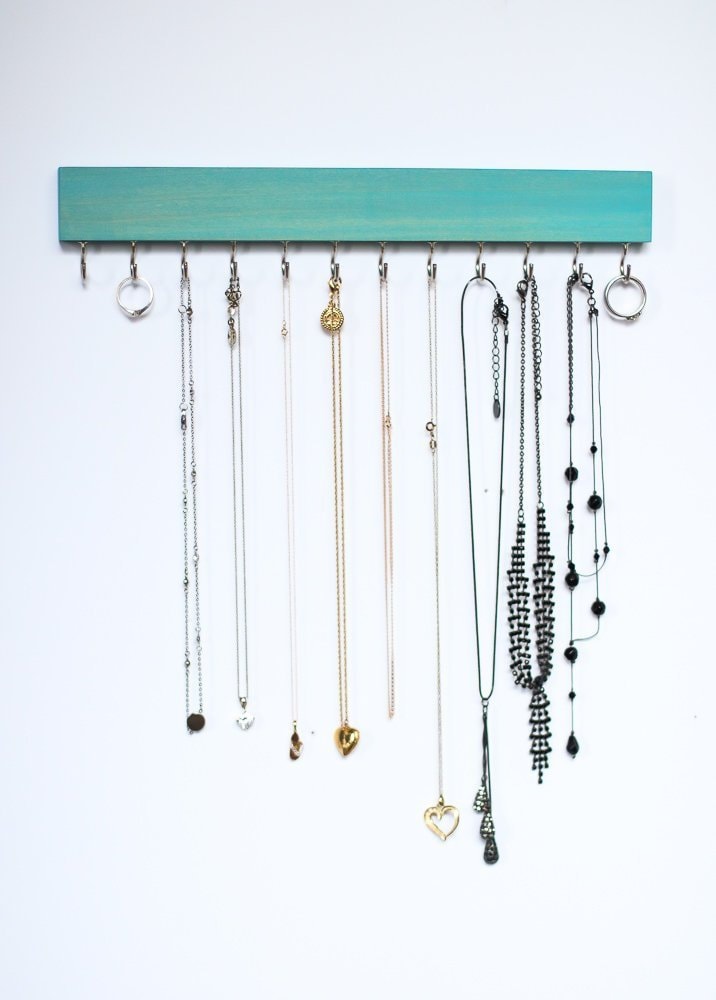 Aqua Handmade Wood Wall Jewelry Organizer/Necklace Holder Hooks Key Hanging Stand Rustic