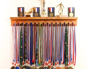 LARGE Medal Trophy NATURAL Cherry Walnut  Wall Holder Wide Top Shelf  Trophy Medal Ribbon Display Holder Awards Plaques for Sports Run Dance