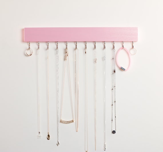 Necklace Hanger Wall Mount, Adhesive, Plastic Necklace Hanger, Jewelry  Organizer with 12 Hooks, Jewelry Hooks for Necklaces, Rings, Bracelets,  Chains, Keys, White