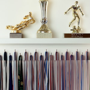 LARGE CUSTOM Medal Wall Holder Wide Top Shelf / Trophy Medal Ribbon Display Holder Rack Hooks Awards Plaques for Sports Running Danc
