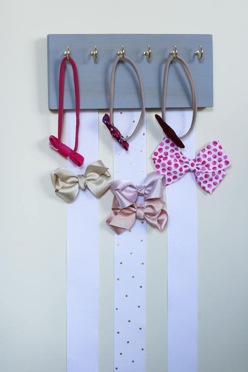 Wood Ribbon Bow Organizer & Headband Holder / Gray Poplar Plaque Hooks / Organizer Handmade / High Quality / Nursery Girls Room Decor image 3