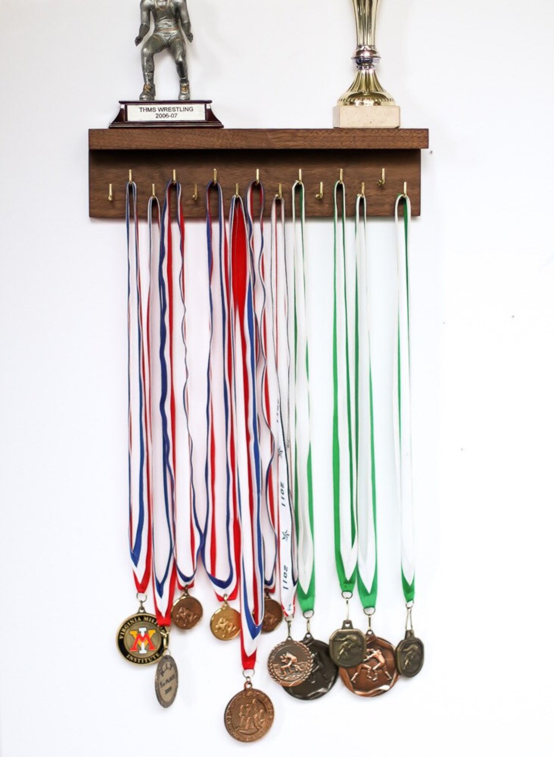 8 or 15 Hooks NATURAL Wood Wall Holder With Shelf / Trophy Etsy