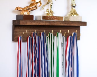 12 ,15 or 23 Hooks Dark Walnut Wood Wall Holder with Shelf / Trophy Medal Ribbon Display Holder Rack Hooks Awards Plaques for Sports Running