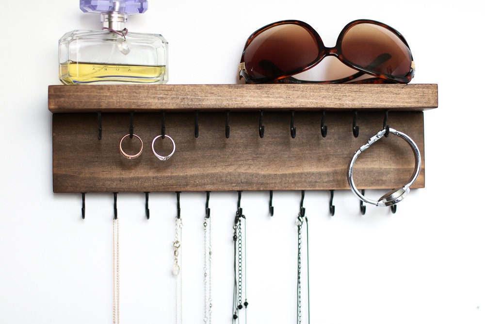 Handmade Dark Walnut Wood Jewelry Organizer Rustic Necklace Holder With Shelf