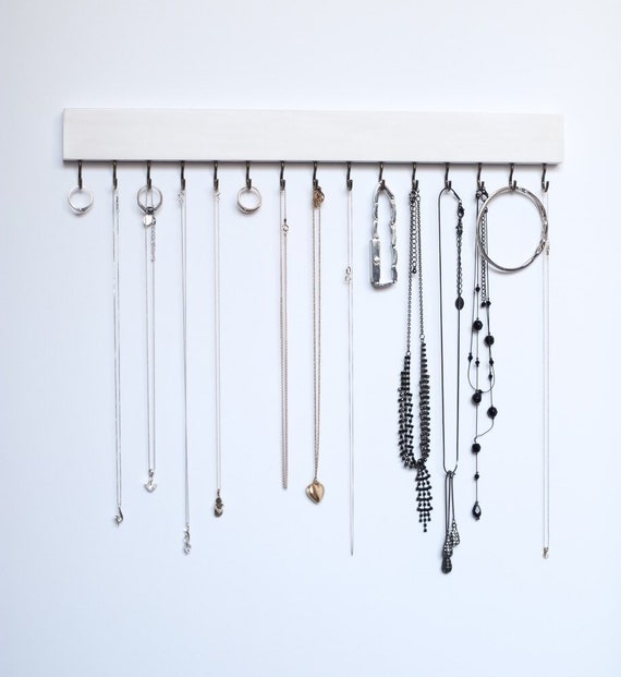 White Wood Wall Jewelry Organizer / Necklace Handmade Holder Hooks