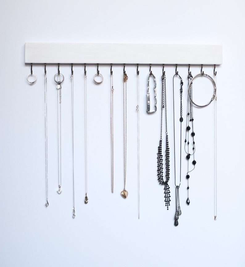White Wood Wall Jewelry Organizer / Necklace Handmade Holder Hooks Key Holder Hanging Stand Rustic Decor / Best gift idea 