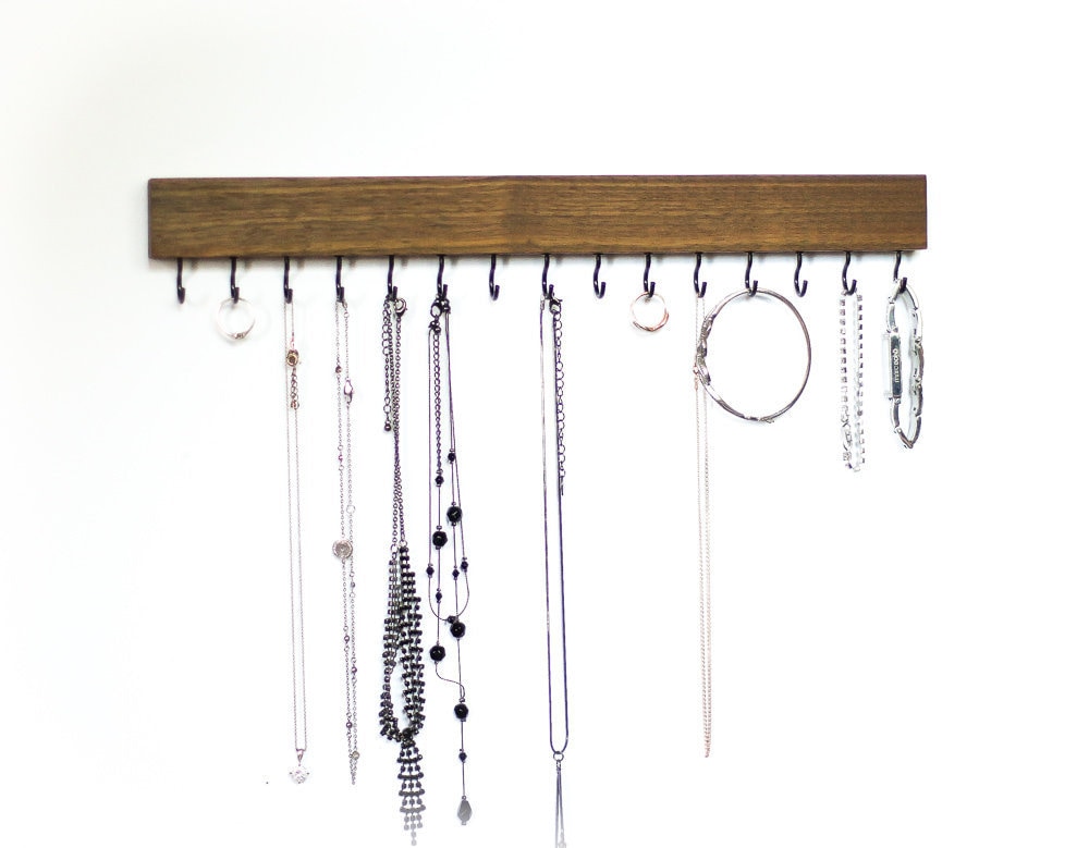 Natural Walnut Wood Wall Mounted Jewelry Organizer, Rack, Necklace Holder, Display Hanging Stand Rustic Bedroom Decor Gift For Her