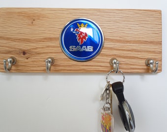 Saab Wood key holder, solid wall mounted key holder, key organizer, wood hanger, key storage, key hooks, wood metal hooks, SAAB logo emblem