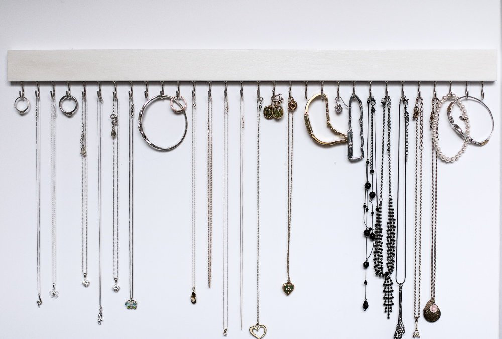White Wood Wall Jewelry Organizer Handmade Necklace Holder With Hooks
