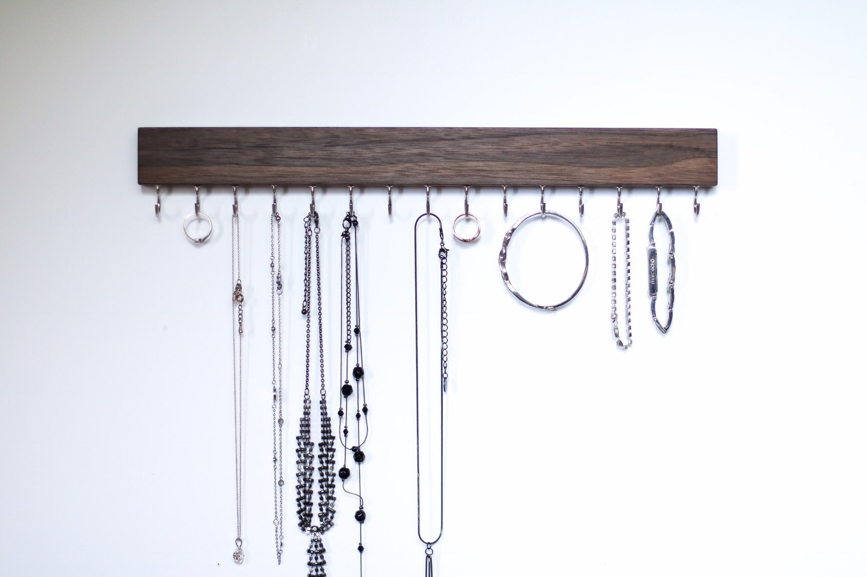 Natural Walnut Wood Wall Mounted Jewelry Organizer, Rack, Necklace Holder, Display Hanging Stand Rustic Bedroom Decor Gift For Her