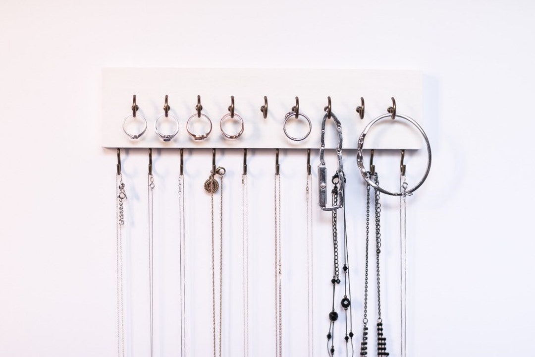 White Wood Wall Jewelry Organizer / Necklace Handmade Holder Hooks Key