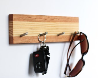 Walnut & Oak Wood Key Holder: Wall Mounted Organizer with Metal Hooks