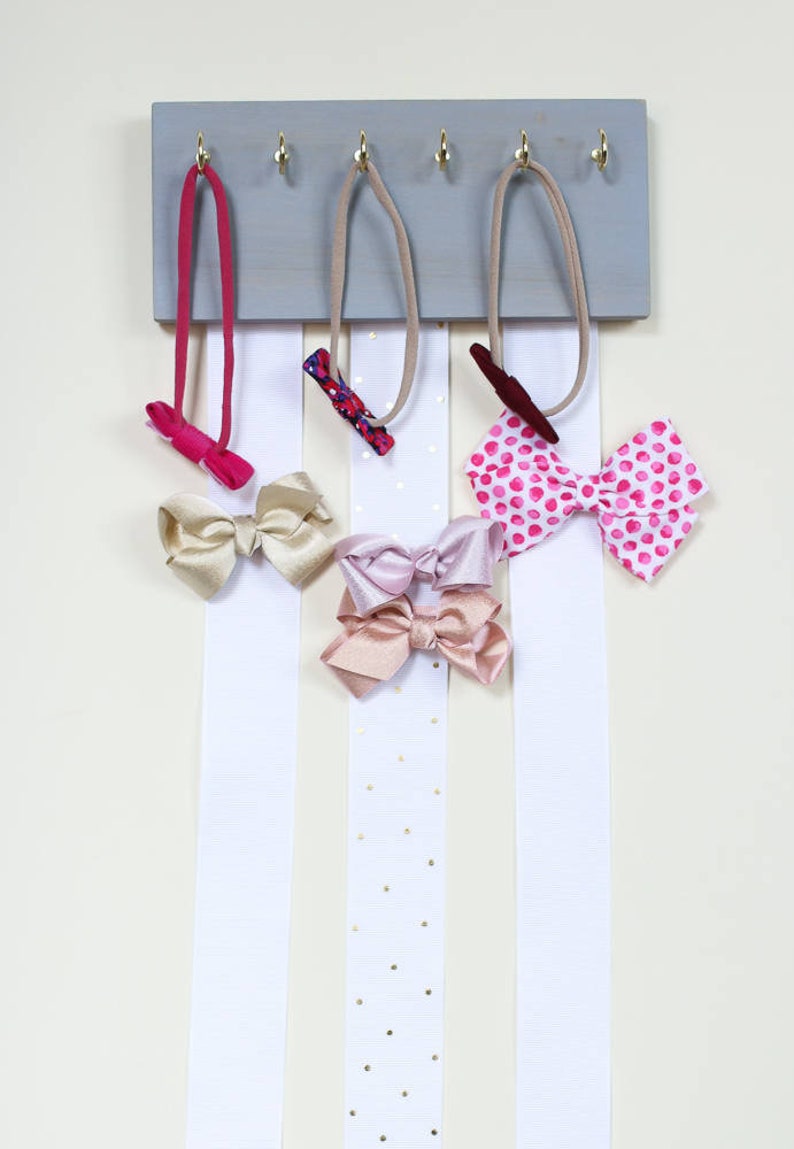 Wood Ribbon Bow Organizer & Headband Holder / Gray Poplar Plaque Hooks / Organizer Handmade / High Quality / Nursery Girls Room Decor image 2