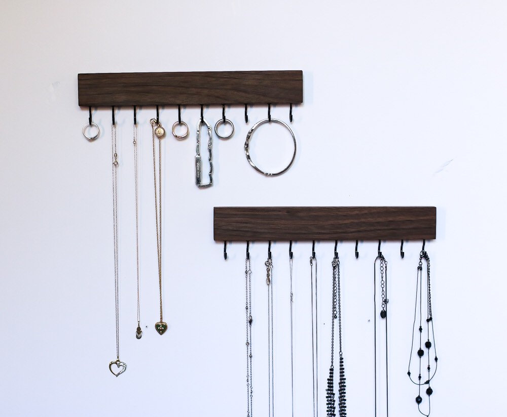 Set Of 2 Walnut Wood Wall Jewelry Organizer Handmade Necklace Holder
