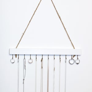 White Wood Wall Jewelry Organizer: Handmade Necklace Holder with Hooks