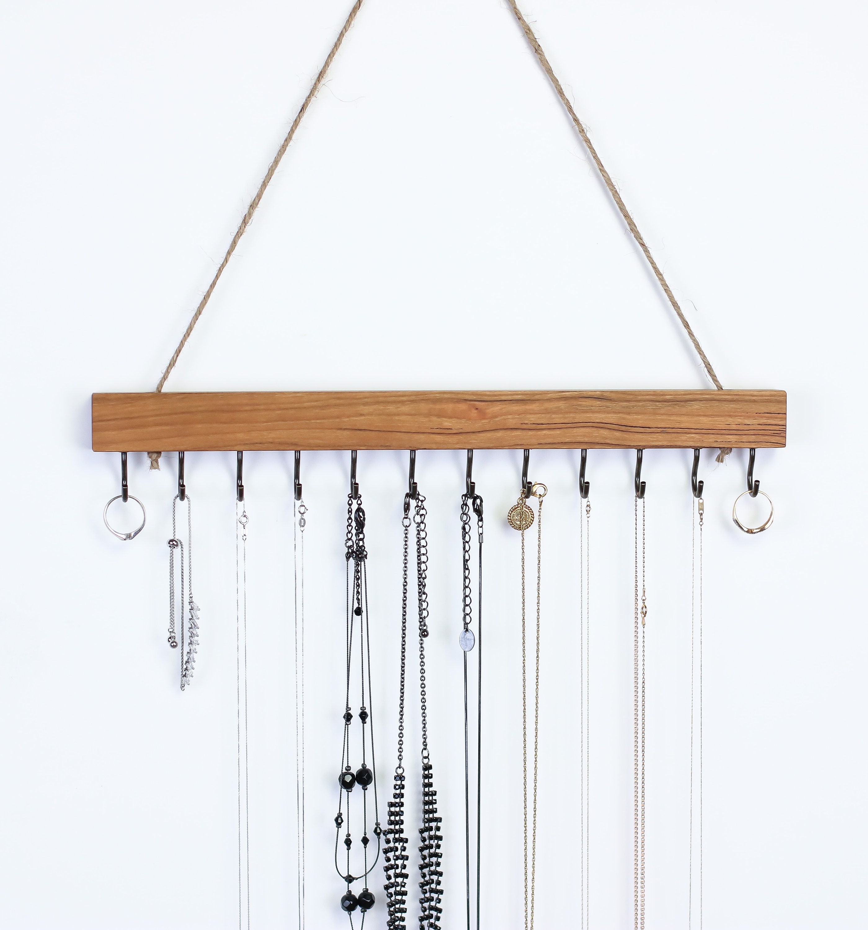 Natural Cherry Wood Wall Mounted Jewelry Organizer Necklace Holder