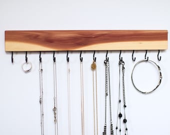 Handmade Cedar Wood Jewelry Organizer: Rustic Necklace Holder with Hooks