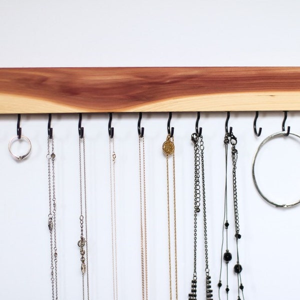 Unique Cedar NATURAL Wood Wall Jewelry Organizer / Necklace Bracelet Rings Handmade Holder Hooks Key Holder Hanging Stand Rustic Decor