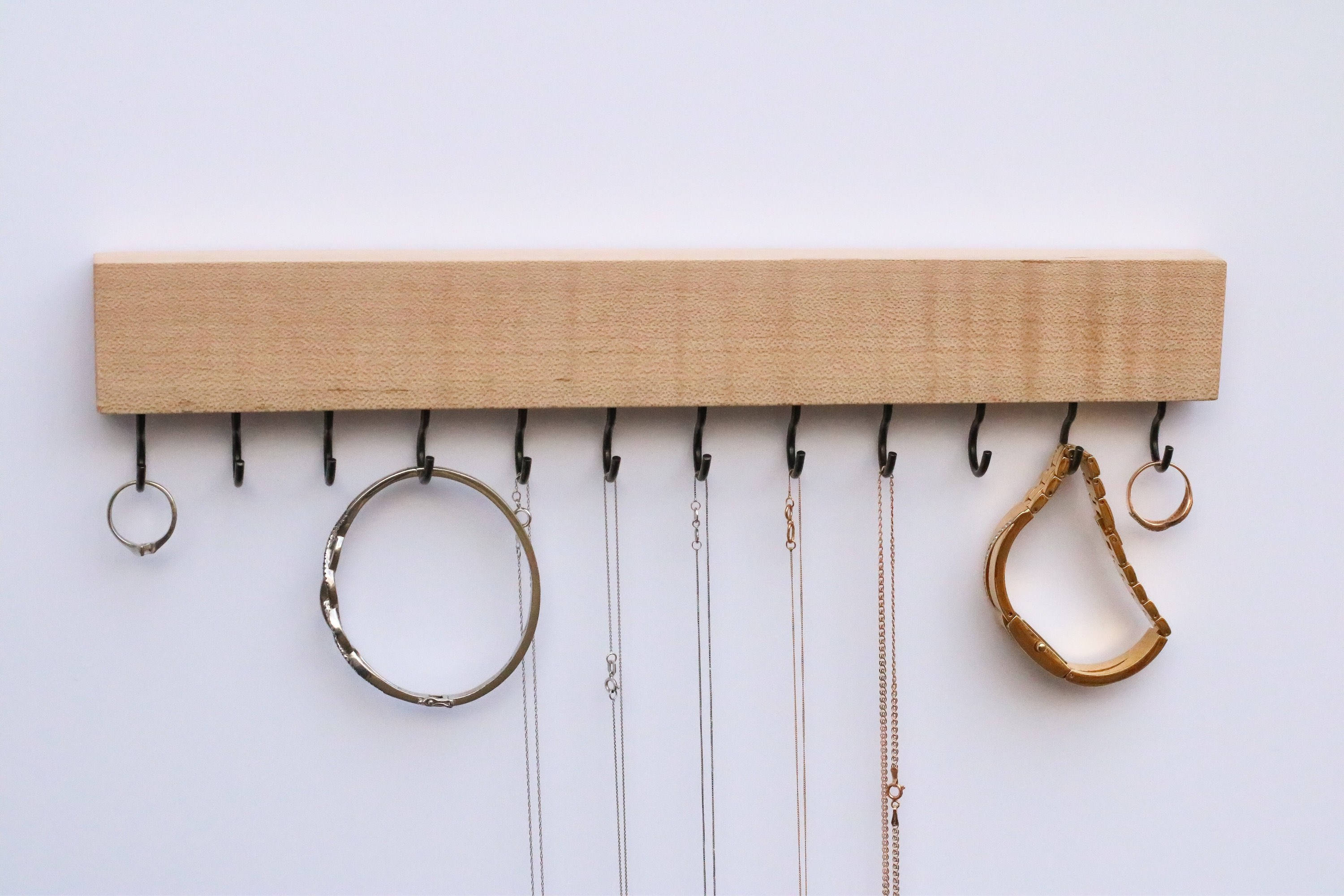 Maple Wood Jewelry Organizer/Wall Necklace Handmade Holder Hooks Key Hanging Stand Rustic Decor Best Gift Idea