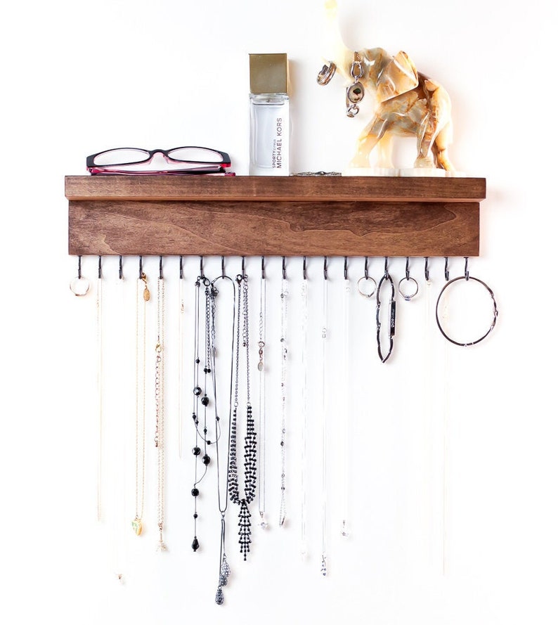 Wood Wall Jewelry Organizer Necklace Holder With Shelf Etsy