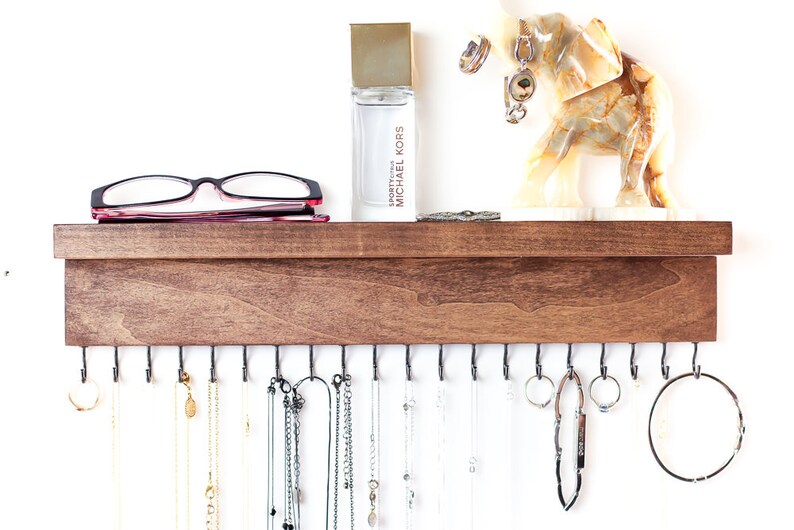 Wood Wall Jewelry Organizer Necklace Holder With Shelf Etsy