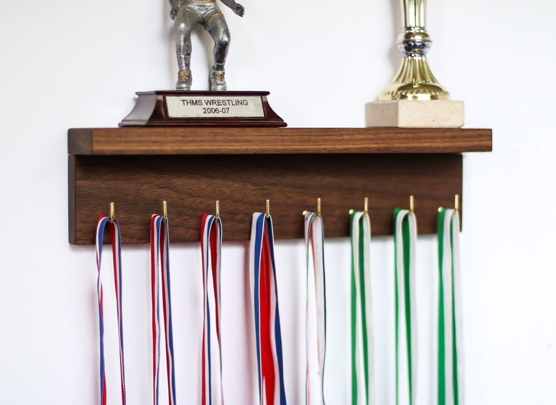 8 or 15 Hooks NATURAL Wood Wall Holder With Shelf / Trophy Etsy