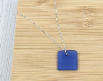 Blue Frosted Sea Glass Charm Sterling Silver Chain Necklace