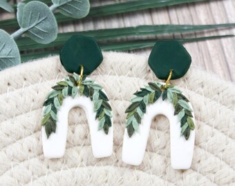 Leafy Green and White Botanical Arch Handmade Polymer Clay Stud Dangle Earrings