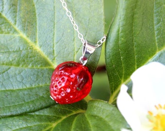Handmade Glass Strawberry Sterling Silver Necklace