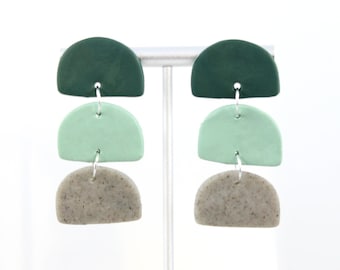 Green Shades Ombre and Granite/Speckled Triple Half Circle Stud Dangle Polymer Clay Earrings