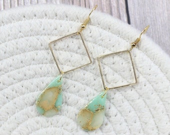 Gold Square Charm Aqua Semi-Translucent "Stained Glass" Teardrop Lightweight Handmade Polymer Clay Earrings