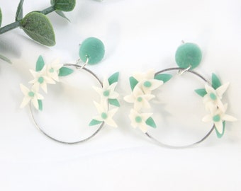 Light Teal Green and White Polymer Clay Floral detailed Silver Hoop Dangling Stud Earrings