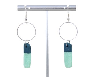 Silver Circle Hoop Charm with Hanging Polymer Clay charm Dark Blue and Semi-Translucent Aqua Dangle Earrings w/Sterling Silver Earring Hooks