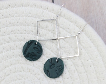 Abstract Silver Square Charm with Dark Green Polymer Clay Floral Patterned Charm Dangle Earrings with Sterling Silver Earring Hooks