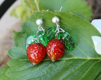 Handmade Glass Strawberry Sterling Silver Stud Earrings made with glass beads