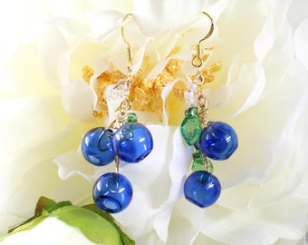 Handmade Glass Blueberry Gold Plated Sterling Silver Earrings made with Glass Beads