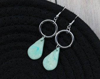 Silver Circle Hoop Charm with Aqua Wave Polymer Clay Teardrop Earrings with Sterling Silver Earring Hooks