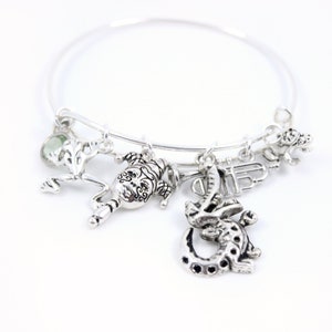 Könnte beinhalten: Silberarmband mit mehreren Anhängern, darunter ein Narr, ein Frosch, ein Drache und eine Musiknote.