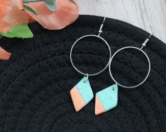 Silver Circle Hoop Charm Earrings with Hanging Polymer Clay Peach and Aqua Element Earrings