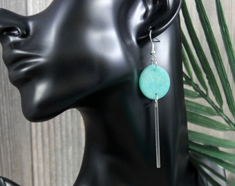 Abstract Aqua Wave Circle and Metal Bar Semi-Translucent Aqua Polymer Clay Earrings